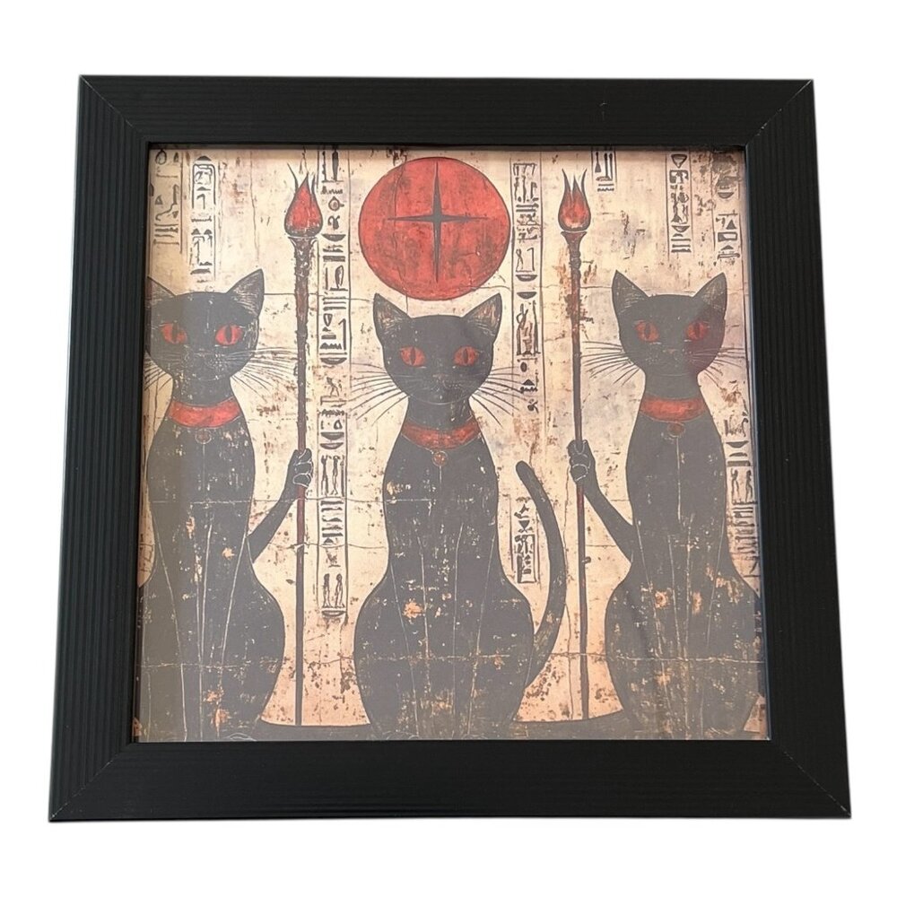 Egyptian Black Cat Art Framed 7x7 Bastet Goddess Wall Decor Hieroglyphics Sun - Picture 4 of 5